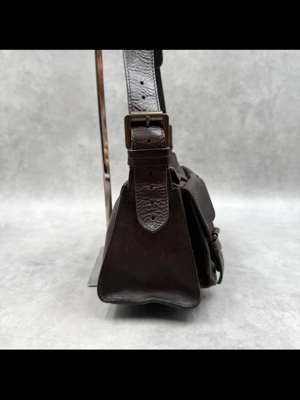 Mulberry Dark Brown Pebbled Leather Shoulder Bag with Buckle Pockets